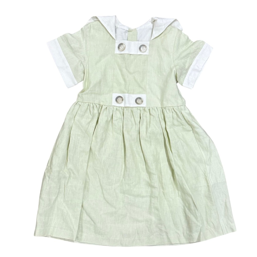 Vintage 90s Girls size 7 Light Green and Ivory Sailor Dress 100% Linen